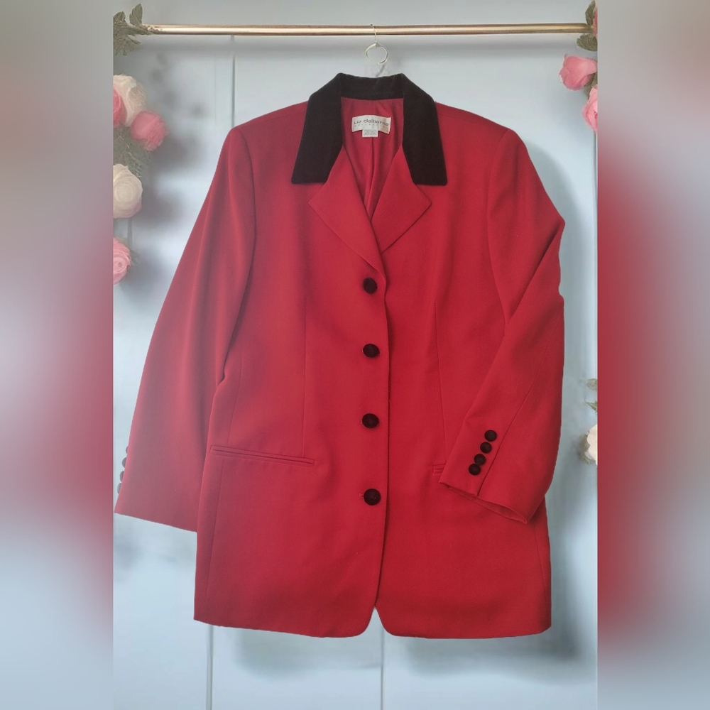 Y2K  100%Wool Liz Claiborne red long blazer with velvet collar Dry Cleaned s14